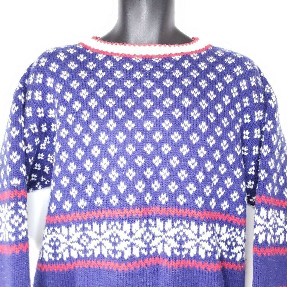 Vtg Interim M Blue White Red Fair Isle Ski Sweater